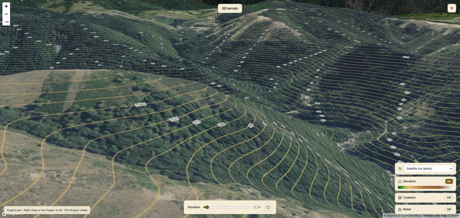 AgroReports 3D terrain view with elevation contours